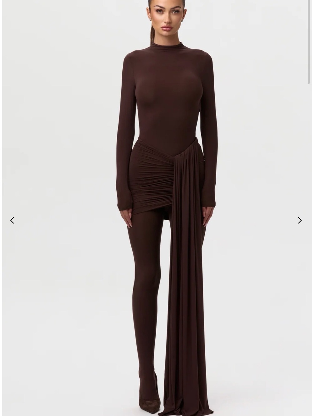 naked wardrobe Brown Long-Sleeve Draped Jersey Jumpsuit with removable skirt.